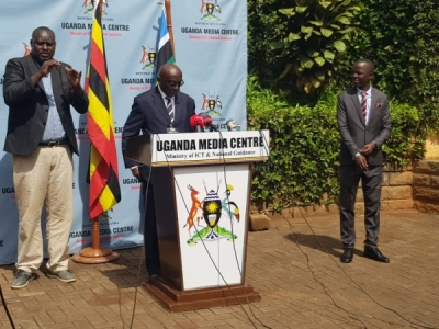 Dr. Katebalirwe Amooti, the Ag. Chairperson, Uganda Human Rights Commission addressing the media at the Uganda Media Centre on Friday April 24, 2020(PHOTO: UHRC)